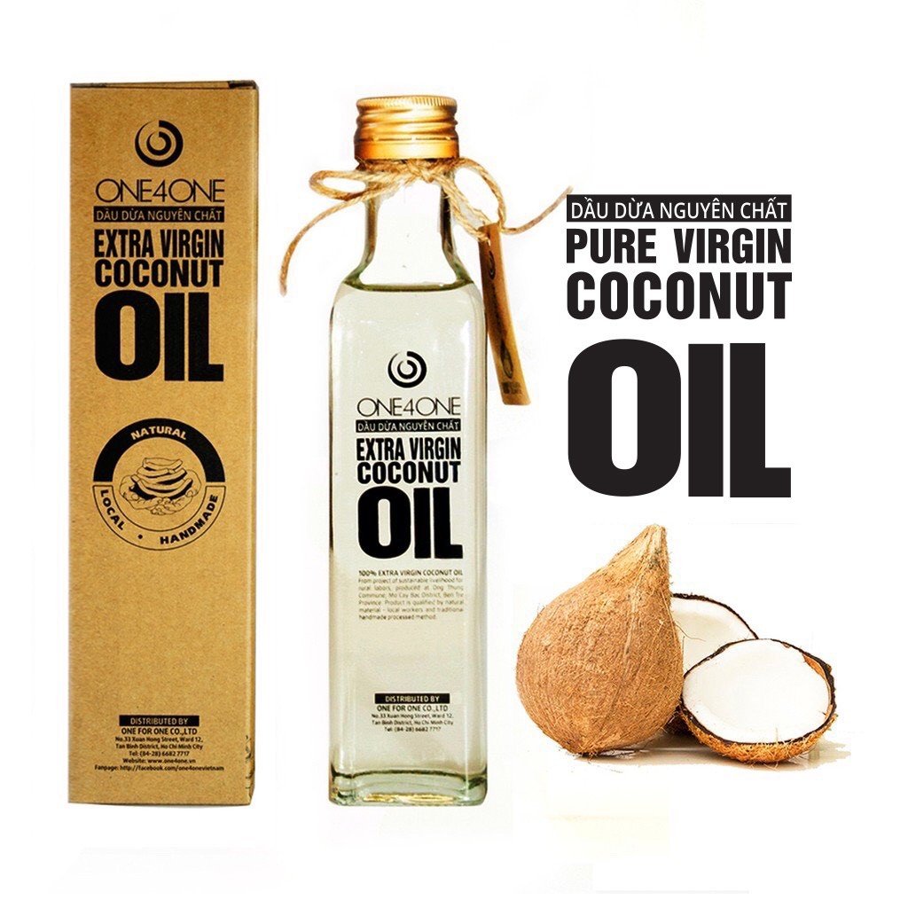 Chai thủy tinh dầu dừa nguyên chất Extra Virgin Coconut Oil thương hiệu One4One kèm hộp giấy.