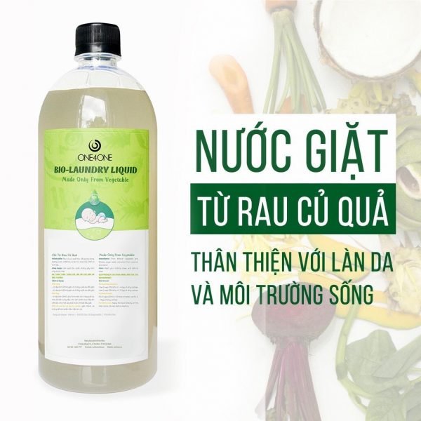 Chai nước giặt sinh học lên men từ rau củ quả One4One an toàn cho làn da và môi trường.