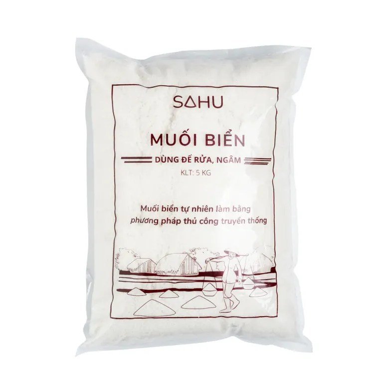 Bao muối biển tự nhiên dùng để rửa và ngâm rau củ quả khối lượng 5kg thương hiệu Sahu.